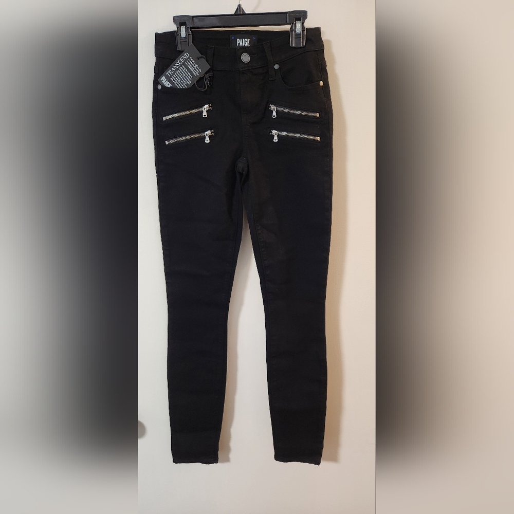 NWT PAIGE Edgemont Jeans, Black Size 24, Zipper Accent, Skinny